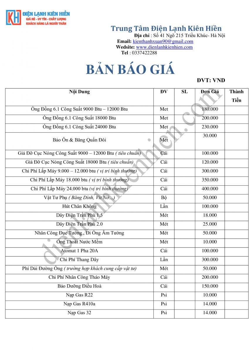 BẢNG GIÁ THÁO LẮP ĐIỀU HOÀ 2021